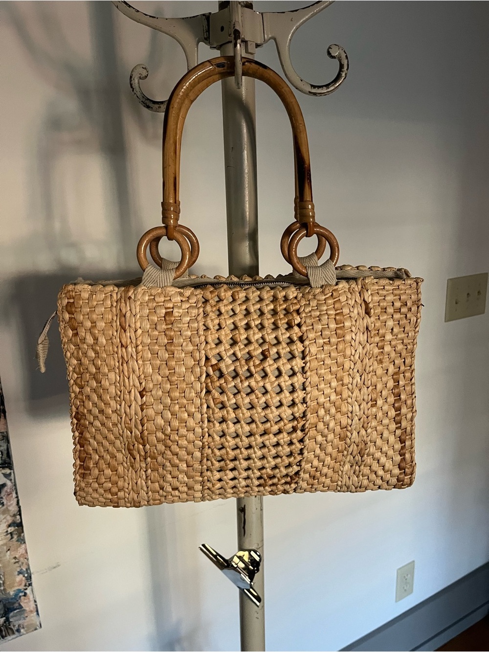 Italian Woven Straw Tote Bag with Bamboo Handles - Natural